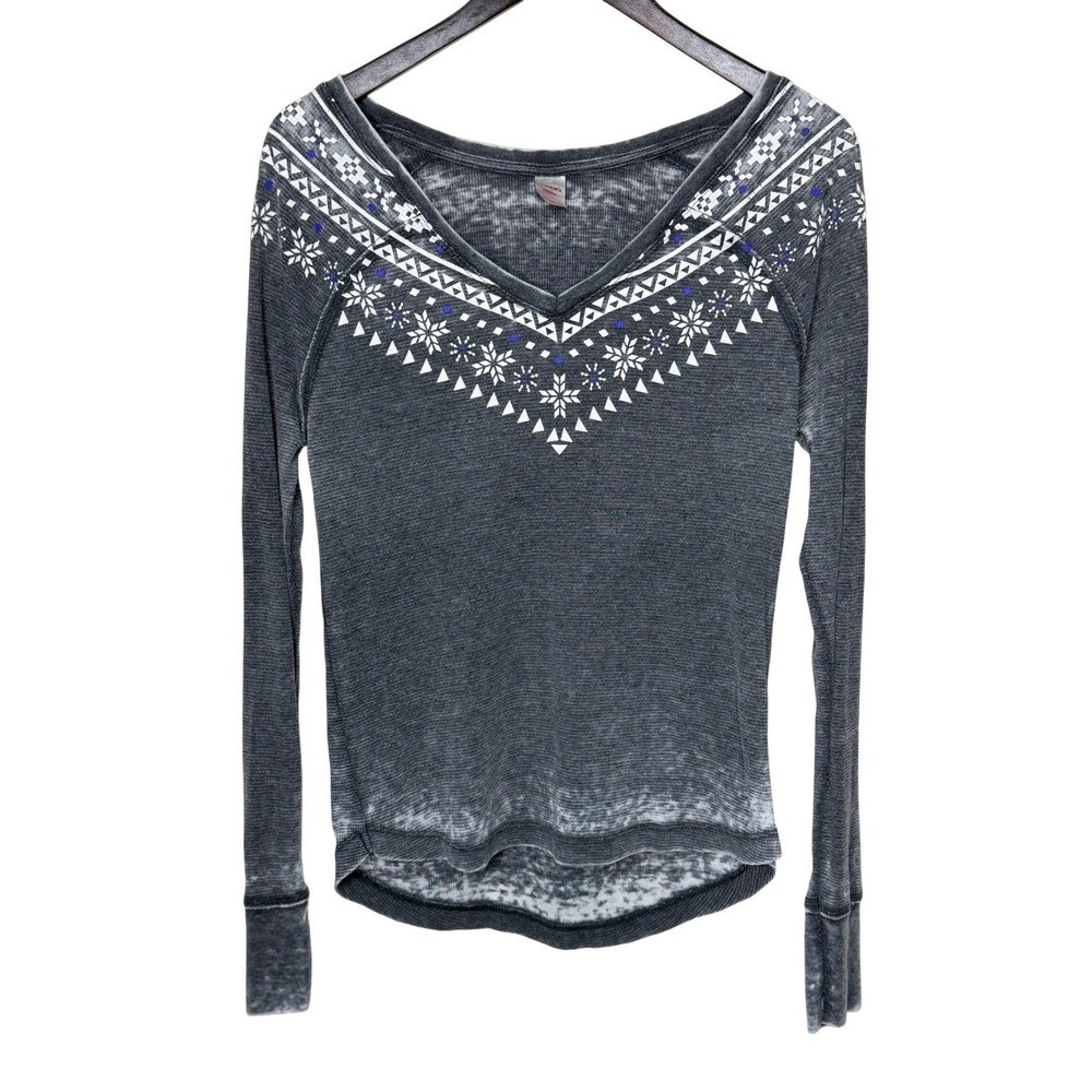 Bongo Womens Gray Acid Wash Waffle Knit‎ Thermal Top Fair Isle Print Size Lg Y2K